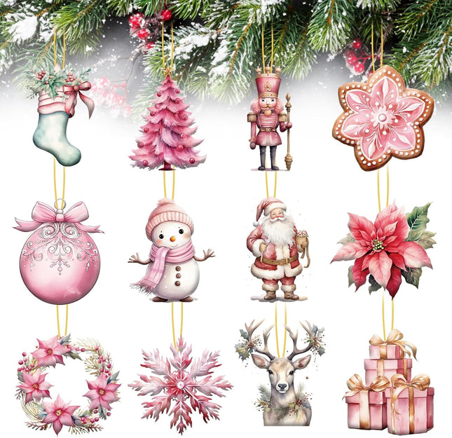 24pcs Pink Christmas Wooden Ornaments Christmas Snowman Santa Elk Garland Wood Decors Christmas Haniging Ornaments Pendants with Ropes for Christmas Tree Home Decor