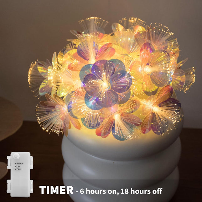 YOLIGHT Fiber Optic Flower String Lights Battery Operated with Timer, 6.5ft 10 LED Flower Garland Lights Fairy Lights for Room Table Wedding Christmas Easter Décor (Warm White)