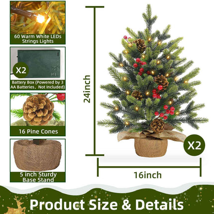 2 Pack 24 Inch Tabletop Small Christmas Trees with Lights Timer Full PE Pine Artificial Mini Christmas Tree Realistic-Feel Tips Red Berries Pinecone Stable Base Christmas Decorations Indoor Xmas Home