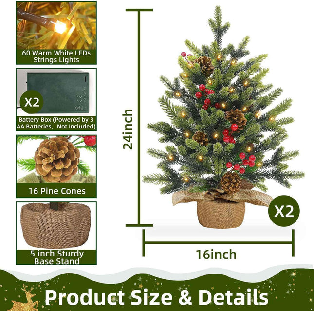 2 Pack 24 Inch Tabletop Small Christmas Trees with Lights Timer Full PE Pine Artificial Mini Christmas Tree Realistic-Feel Tips Red Berries Pinecone Stable Base Christmas Decorations Indoor Xmas Home