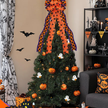 Large Halloween Tree Topper Bow - Christmas Tree Decor Bow with 3 Various Ribbons, Hanging Halloween Tree Ornaments with Ties for Home Front Door Stair Holiday Party, Orange