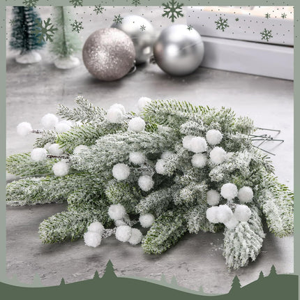 Giegxin 65 Pieces Christmas Snowy Pine Tree Picks Artificial Berry Stems Sprays White Faux Cedar Pine Needles Branches for Holiday Arrangement Wreath DIY Garland Holiday Decor Winter Greenery