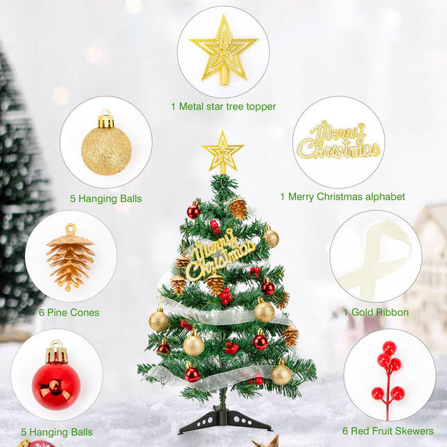2ft Mini Christmas Tree - Artificial Desktop Decorative Tree with Ribbons, Balls, Pinecones, Colorful Ornaments, and Star Topper, Perfect for Tabletop Display Small Xmas Tree