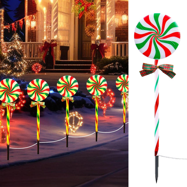 Christmas Solar Lollipop Pathway Lights 5 Pack Outdoor Candy Cane Stake Light with Bow Waterproof Walkway Xmas Outsides Garden Yard Lighting Landscape Decorative Decoration