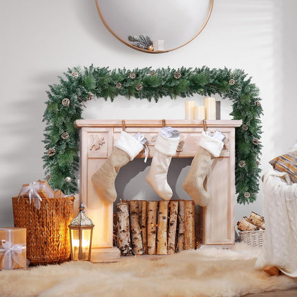 9 ft Prelit Christmas Garlands with 100 Lights Battery Operated Timer 8 Modes, Faux Frosted Pine Garland Christmas Decorations for Mantle, Stairs, Fireplace, with Pine Cones Dried Branches