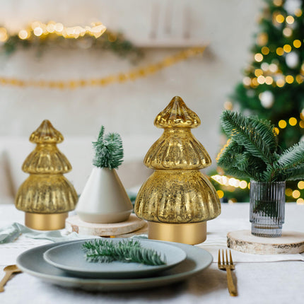 Glass Christmas Tree - Small Battery Operated Desk Lamp with Timer, Tabletop Christmas Tree Decoration Indoor, Glass Xmas Cordless Table Lamp for Bedroom College Dorm Room Christmas Decor Gold