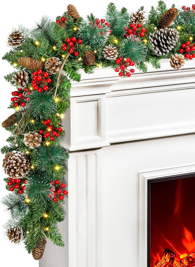9 FT Prelit Christmas Garland with 100 Colorful LED Lights, 8 Modes 3AA Battery Operated Garland with Timing Function for Home Stairs Fireplace Front Porch Door Display Indoor Christmas Decoration