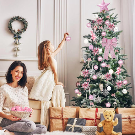 Christmas Tree Decoration Set, 88 Pcs Pink Christmas Ornaments Set with Pink White Christmas Ornaments Balls,Christmas Glitter Poinsettia Flowers,Glitter Berries Stems, Snowflakes, Bow for Christmas