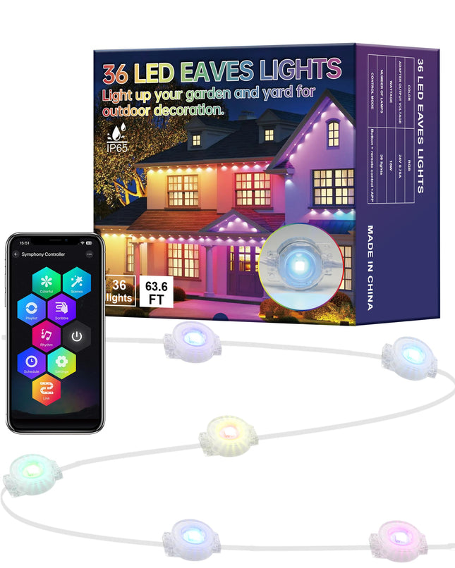 Permanent Outdoor Lights, 63.6ft with 36 RGBIC LED Lights with App Control, Waterproof Permanent Christmas Lights for Outside Roofline Decor, Garden Decor, House,Party, Holiday Xmas Decoration