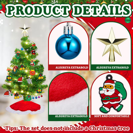 Syhood 63 Pcs Mini Christmas Tree Ornaments Set Mini Christmas Tree Decoration Gadget Small Tree Skirt Christmas Tree Star Topper Miniature Christmas Hanging Ornament with Light for Holiday Xmas Tree
