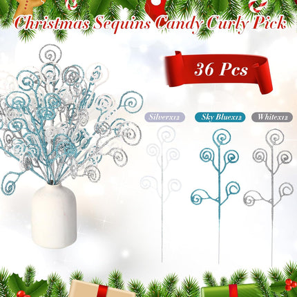 Lyrow 36 Pcs 12" Glitter Christmas Tree Picks Decoration Xmas Tree Curly Picks and Sprays Sequins Candy Shape Christmas Floral Pick for Home Vase Filler Garland (Silver,Sky Blue,White)