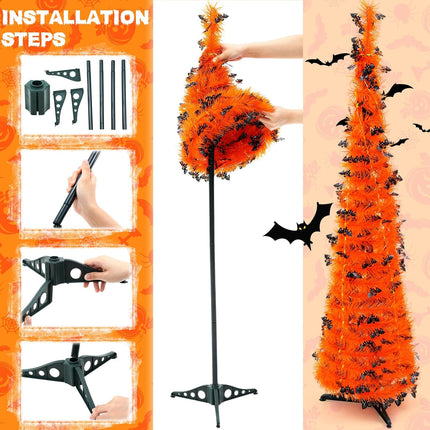 Blosssound 3 Pcs 4/3/2ft Christmas Tree Tinsel Pop up Collapsible Christmas Tree Artificial Pencil Tree for Christmas Party Holiday Indoor Home Decorations, Green Purple Orange