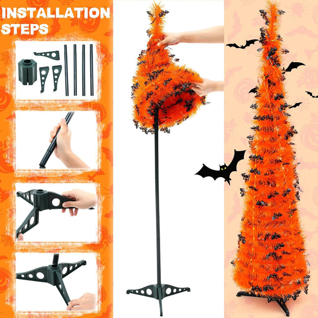 Blosssound 3 Pcs 4/3/2ft Christmas Tree Tinsel Pop up Collapsible Christmas Tree Artificial Pencil Tree for Christmas Party Holiday Indoor Home Decorations, Green Purple Orange
