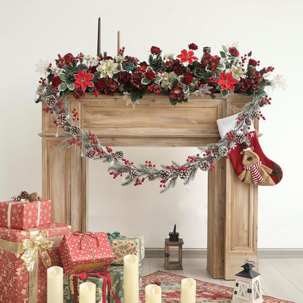 6FT Artificial Christmas Garland with Holly Berries Pinecones Pine Needle Winter Greenery Garland for Holiday Mantel Stairs Fireplace Table Runner Centerpiece Decoration