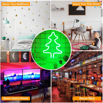 Neon Christmas Tree Light, Battery/USB Powered Green Christmas Neon Sign with Base, Christmas Room Decor