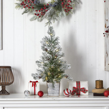 Nearly Natural 2ft. Frosted Pre-Lit Artificial Christmas Tree with Pinecones in Decorative Planter
