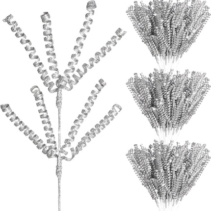 Tigeen 30 Pcs 16.5" Silver Christmas Tree Curly Picks Sprays Artificial Glitter Stems Glittery Twigs Branches for Christmas Tree Ornament Vase Filler DIY Garland Wreath Crafts Holiday Home Decor