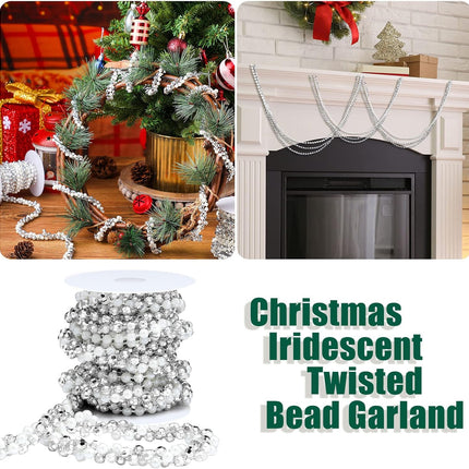 2 Rolls Christmas Tree Beads Garland 14.7 Ft Each White and Silver Beaded Garland Iridescent Twisted Decor Xmas Faux Pearl Crystal Garland Strands Twist Bead Christmas Garlands for Tree Wall Party