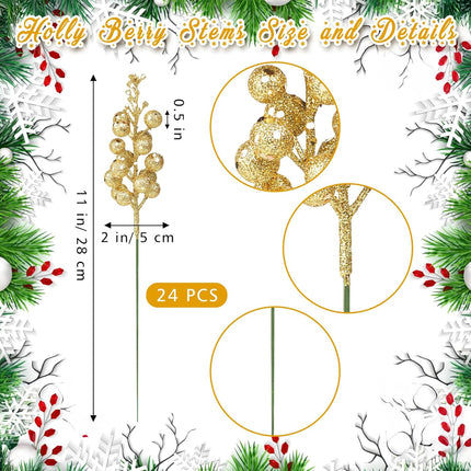 24 Pack Christmas Glitter Berries Stems, 11" Artificial Glitter Holly Berry Twig Ornaments, Glittery Picks Stems Branches for Christmas Tree Small Vase Holiday Party Decorations(Gold)