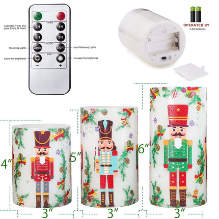 Flameless Christmas Candles Battery Operated, Realistic Flickering Flameless Candles with Timer & Remote, Holiday Led Pillar Candles for Holiday Decorations, Nutcracker