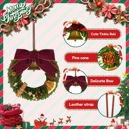 2 Pcs of Mini Christmas Wreath with Small Bell for Front Door, Windows, Home Decor, Farmhouse Christmas Decor, Car and Cabinet Decor, Miniature Crafts Dollhouse and Christmas Tree Decorations