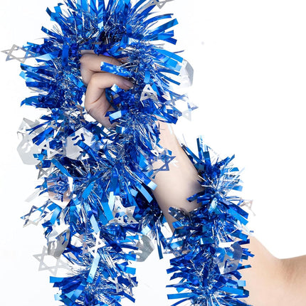 33ft Hanukkah Tinsel Garland, Blue Silver Metallic Twisted Tinsel Garland with Dreidel Star of David Hanging Garland Decoration for Chanukah Party Tree Fireplace Mantle Home Party Decor