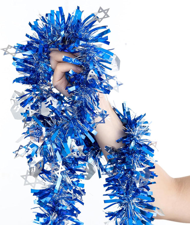 33ft Hanukkah Tinsel Garland, Blue Silver Metallic Twisted Tinsel Garland with Dreidel Star of David Hanging Garland Decoration for Chanukah Party Tree Fireplace Mantle Home Party Decor