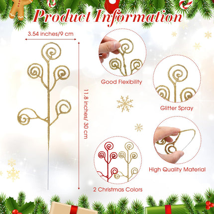 Lyrow 36 Pcs 12" Glitter Christmas Tree Picks Decoration Xmas Tree Curly Picks and Sprays Sequins Candy Shape Christmas Floral Pick for Home Vase Filler Garland (Red,Gold)