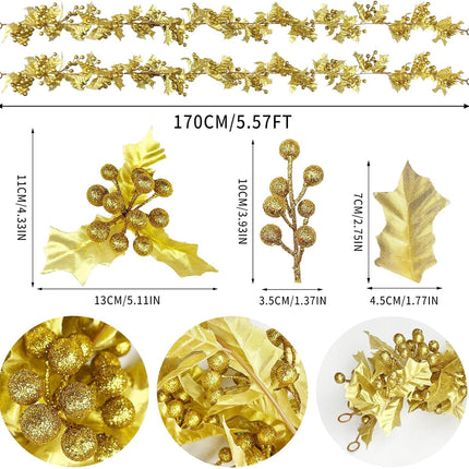 2 Pack Christmas Garland Decorations, 11Ft Holly Leaves with Golden Berry Garland for Christmas Tree Staircase Mantle Indoor Outdoor Holiday Decoration (Golden Yellow)