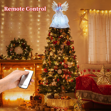 Christmas Angel Tree Topper with White Feather Wings, Elegant Lighted Tree Top Ornament for Indoor Home Holiday Party Christmas Decoration, 12 Inch, Silver