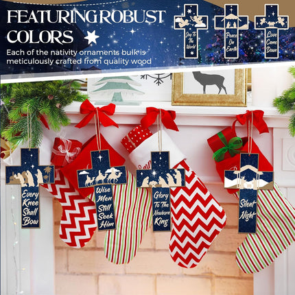 Soaoo 36 Pcs Nativity Ornaments for Christmas Tree Wooden Nativity Scene Ornaments Hanging Cross Xmas Tree Decorations Birth of Jesus Christian Decor for Tree Wreaths Xmas Winter Party