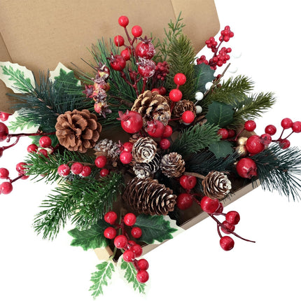 12Pcs Versatile Artificial Holly Red Berry Stems,Silk Artificial Pine Cone Picks Christmas Stems, Mini Artificial Pine Tree for Christmas Party Flower Wreaths Winter Holiday Decorations
