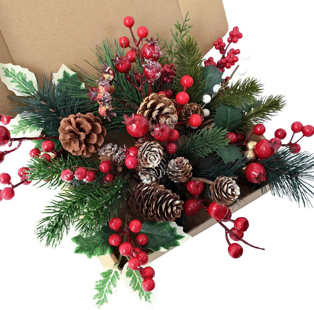 12Pcs Versatile Artificial Holly Red Berry Stems,Silk Artificial Pine Cone Picks Christmas Stems, Mini Artificial Pine Tree for Christmas Party Flower Wreaths Winter Holiday Decorations
