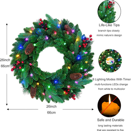 26 inches Pre-lit Artificial Christmas Wreath with Red Berries, Pine Cones, 40 C3 Dual-Color Multi-Functional Battery Operated LED Lights with Timer