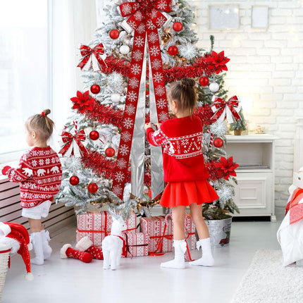 Liliful 63 Pcs Christmas Decorations Set Including Large Bow Christmas Tree Topper Glitter Bow Knots Poinsettia Flowers Metallic Tinsel Garland Balls Ornament White Snowflake Decor (Red)