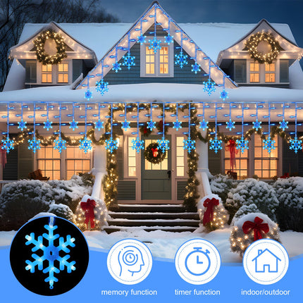 Retisee 34.45 ft Christmas Snowflake Lights, LED Lights Outdoor with Drops, 8 Modes, Ip44 Waterproof Christmas Lights for Curtain Eaves Window Indoor Outdoor Xmas Decorations (Blue)