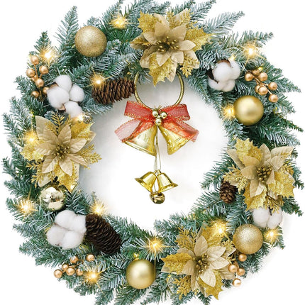 Veryhome Christmas Wreath Lights Winter Wreath, Christmas Wreaths for Front Door, Xmas Wreath with Pinecones and Gold Accents with LED Lights - Perfect for Fireplace Indoor Outdoor Holiday Decor