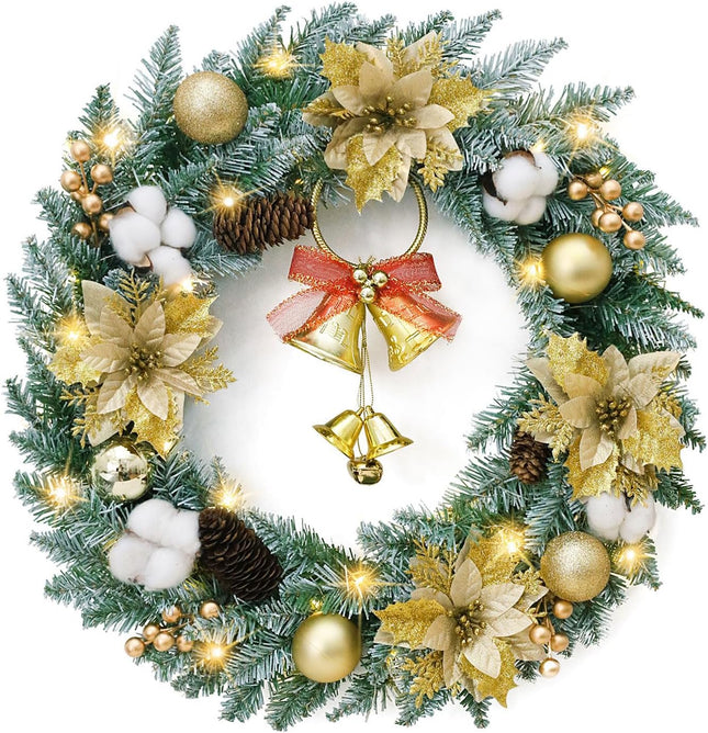 Veryhome Christmas Wreath Lights Winter Wreath, Christmas Wreaths for Front Door, Xmas Wreath with Pinecones and Gold Accents with LED Lights - Perfect for Fireplace Indoor Outdoor Holiday Decor