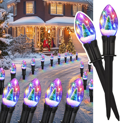 Christmas Pathway Lights Outdoor, 25Ft 20 Led C9 Christmas Lights with 20 Stakes, Waterproof Connectable Christmas Walkway Lights for Sidewalk, Yard, Garden, Lawn, Outdoor Christmas Decorations