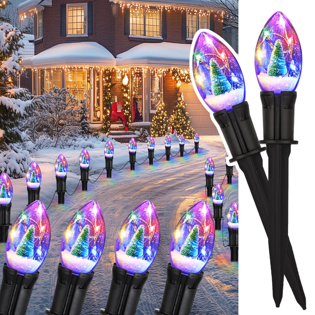 Christmas Pathway Lights Outdoor, 25Ft 20 Led C9 Christmas Lights with 20 Stakes, Waterproof Connectable Christmas Walkway Lights for Sidewalk, Yard, Garden, Lawn, Outdoor Christmas Decorations