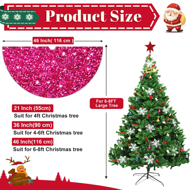 Hot Pink Christmas Tree Skirt 46 Inch Large Sequins Tree Skirt Velvet Embroidered Tree Skirt Fuchsia Tree Blanket Skirts Bling Christmas Tree Cover for Family Party Halloween Decoration