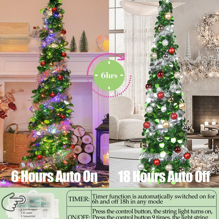 5 FT Pop Up Christmas Tree with Timer Lights and Decorations, Green Silver Tinsel Christmas Tree with 24 Ball Ornaments, Pencil Tree Collapsible Christmas Tree for Home, Apartment, Office