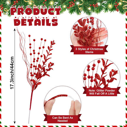 Ouddy Decor 16 Pack Christmas Glitter Berries Stems, 17'' Artificial Christmas Tree Picks and Sprays Decorations with Bead Sticks Glittery Twigs Branches for Christmas Tree Vase Wreath Home Decor, Red