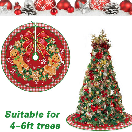 Gingerbread Man Christmas Tree Skirt 36 Inches Lace-up Wreath Bow Snowflake Artificial Xmas Tree Skirt, Red Buffalo Plaid Check Indoor Decoration Farmhouse Holiday Party Home Decor