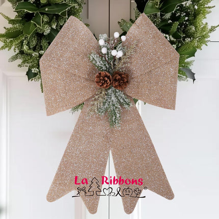 LaRibbons Christmas Bows for Wreaths,18 x 13 Inch Large Plastic Burlap Christmas Bows with Pine Cone for Tree, Indoor Outdoor Decoration