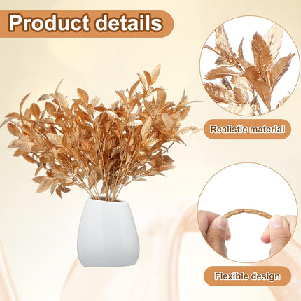 12 Packs Gold Leaves Artificial Plants for Christmas Decoration, Plastic Grass Fake Shrubs Simulation Leaves Golden Flowers Home Indoor Outdoor DIY Planter Vase Filler Garden Wedding Xmas Decoration