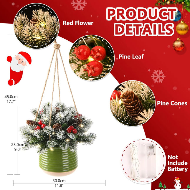 Artificial Christmas Hanging Basket,17 Inch Hanging Small Christmas Tree,Snow Flocked Christmas Tree with Pine Cones and Berry Clusters for Front Porch Garden Patio Outdoor Christmas Decoration