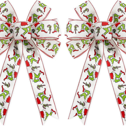 Whaline 2 Pack Christmas Wreath Bow Green Red Cartoon Character Burlap Bow Funny Design Candy Cane Xmas Tree Ornament Wreath Bow for Christmas Indoor Outdoor Festive Home Decoration, 11 x 16.5inch