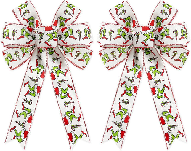 Whaline 2 Pack Christmas Wreath Bow Green Red Cartoon Character Burlap Bow Funny Design Candy Cane Xmas Tree Ornament Wreath Bow for Christmas Indoor Outdoor Festive Home Decoration, 11 x 16.5inch