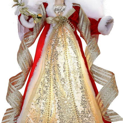 Valery Madelyn Lighted Christmas Tree Topper Angel with Timer, 12 Inch Luxury Red Gold Fabric Small Angel Tree Topper with Lights for Christmas Tree Decoration Indoor, Battery Operated